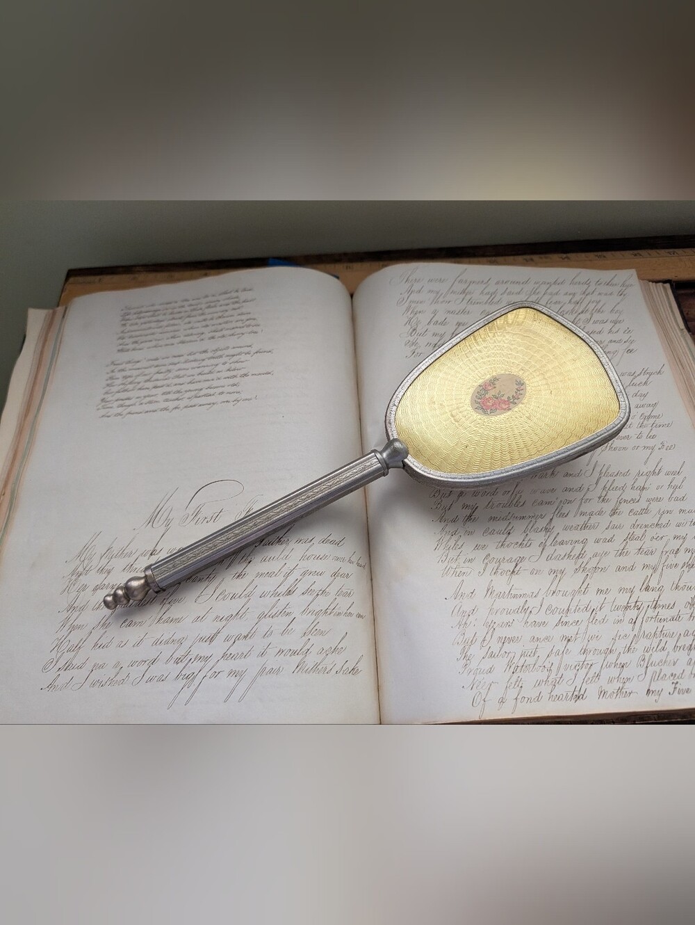 Vintage Guilloche Gold Hand Mirror for Women
